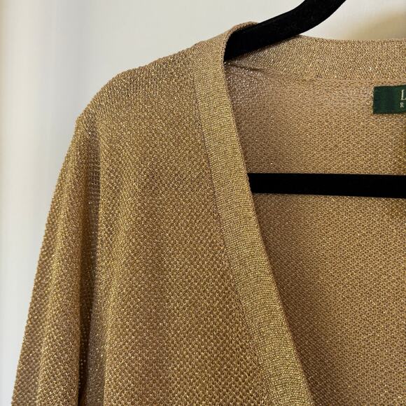 Lauren Ralph Lauren Gold Metallic Cardigan Sweater Silk Blend Holiday 1X NWT - Picture 4 of 9